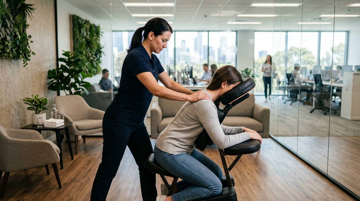 Corporate chair massage session at office by True Touch Wellness Massage